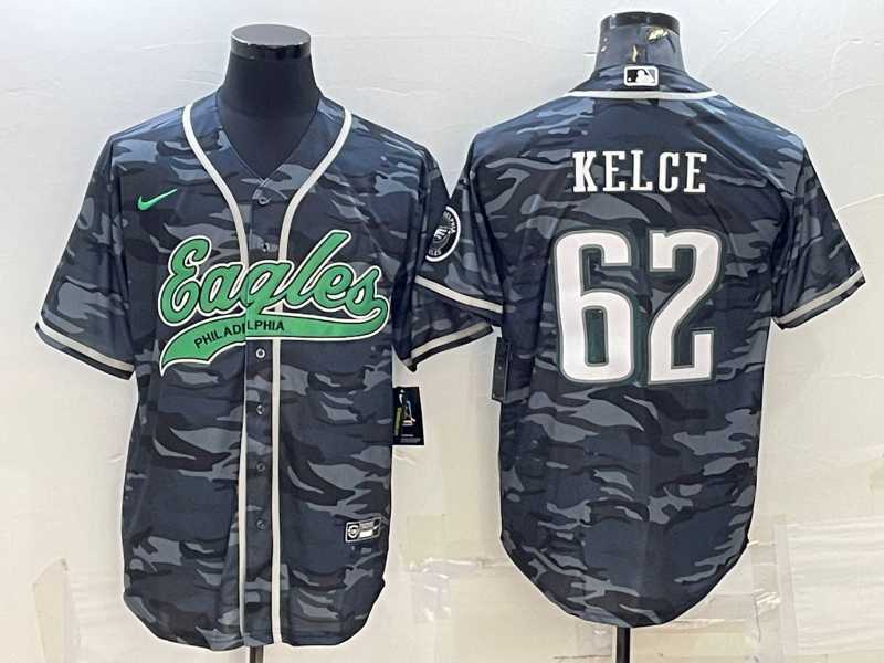 Mens Philadelphia Eagles #62 Jason Kelce Grey Camo With Patch Cool Base Stitched Baseball Jersey